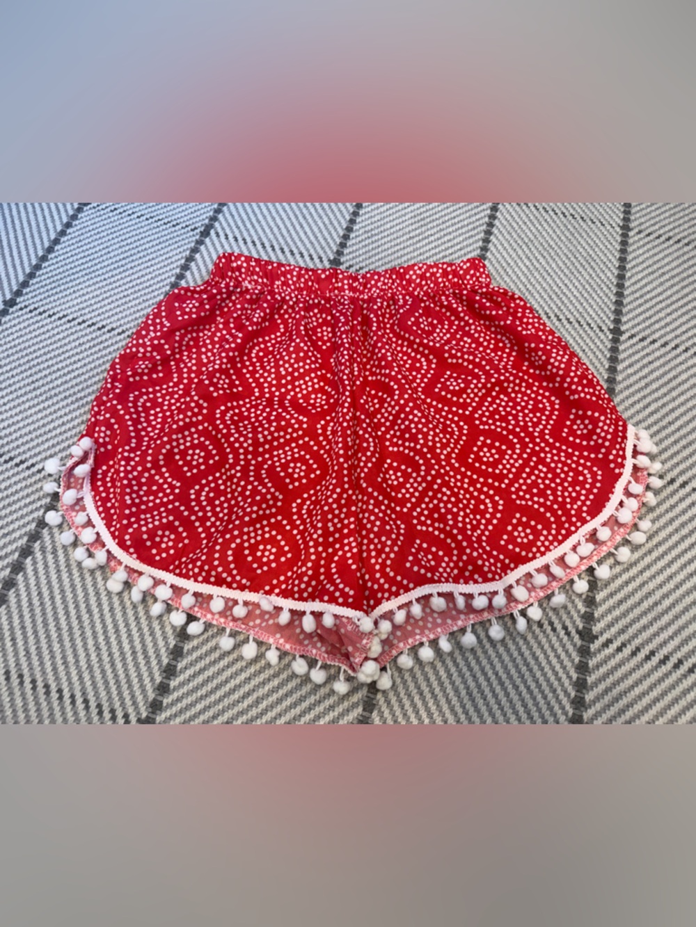 Red Pom Pom Hem Scalloped Shorts